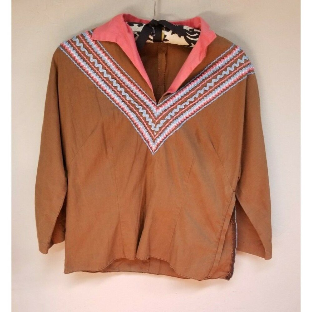 Festival Fashions Womens Collared Top Long Sleeves Side Zipper V-Neck Lace Brown